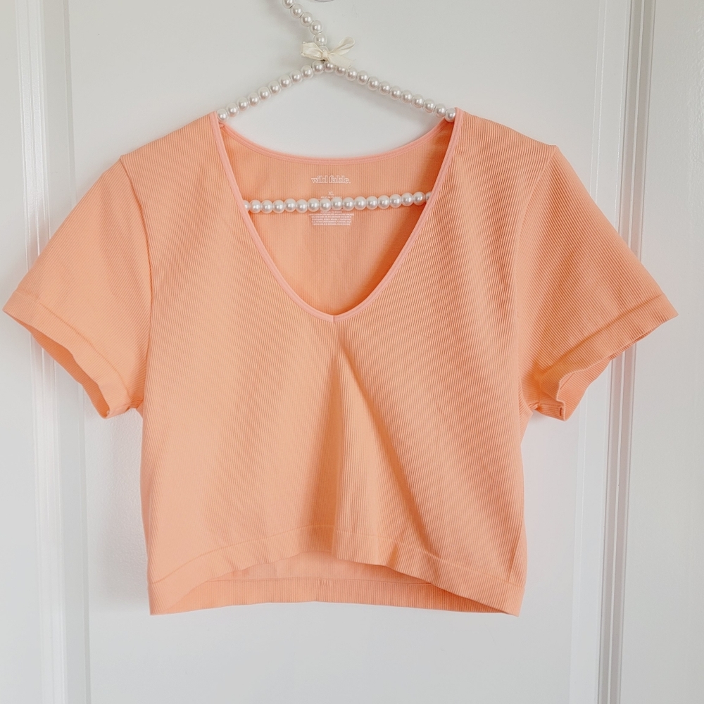 Peach Wild Fable Short Sleeve Ribbed Stretchy Fitted V-Neck Crop Top Sz XL